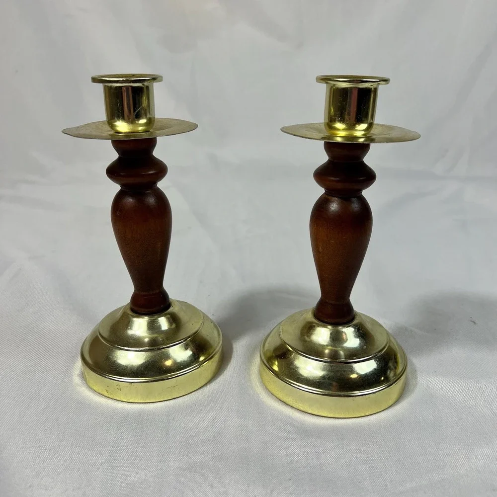 VTG Brass & Wood Candlestick Holders Pair Mid Century Traditional Candle Holders